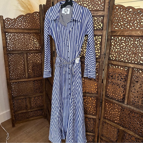 NEW NWT Evi grintela striped blue white belted dress long sleeve - Picture 2 of 4
